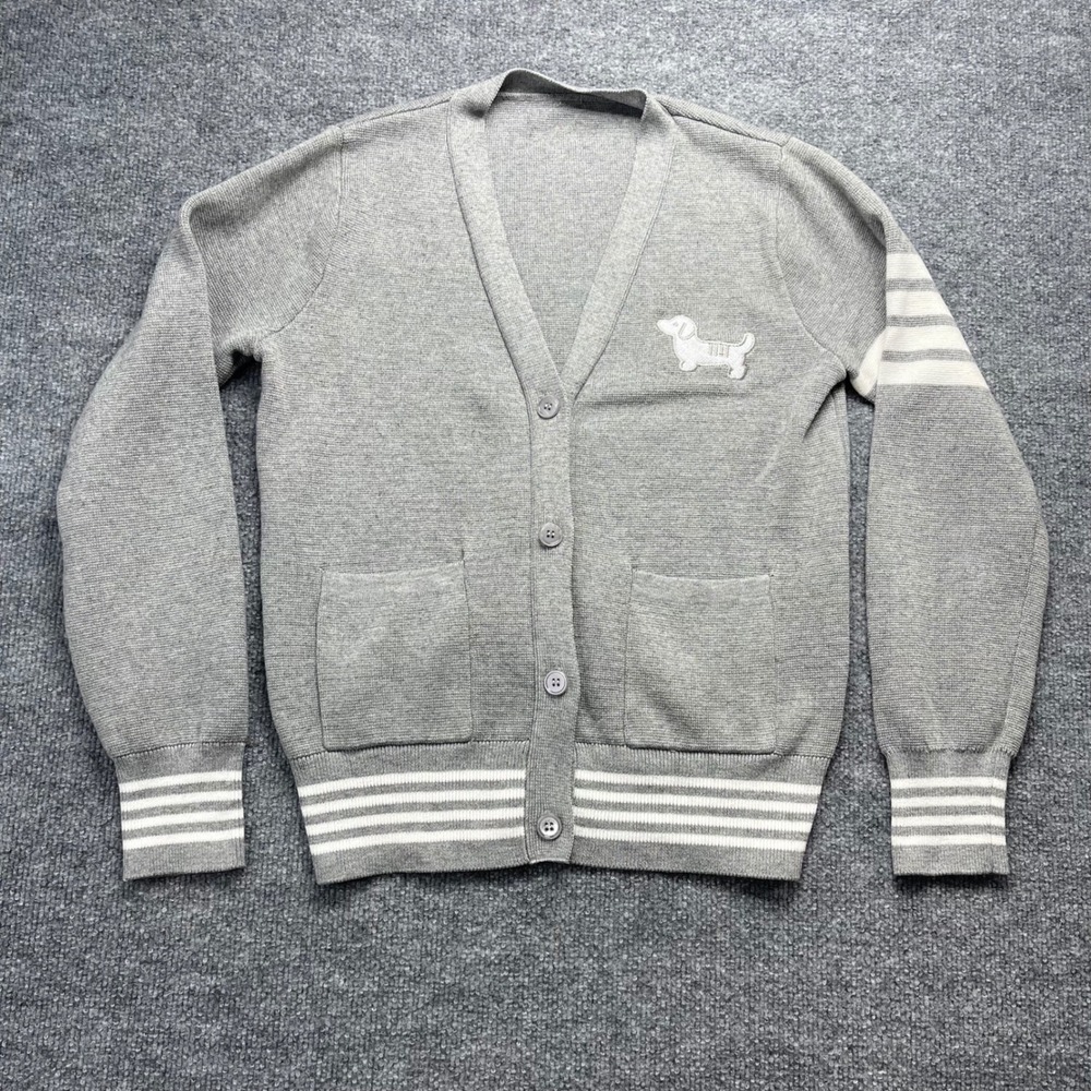 Thom Browne Grey Wool Hector Dachshund 4-Bar Stripe Cardigan Sweater Women